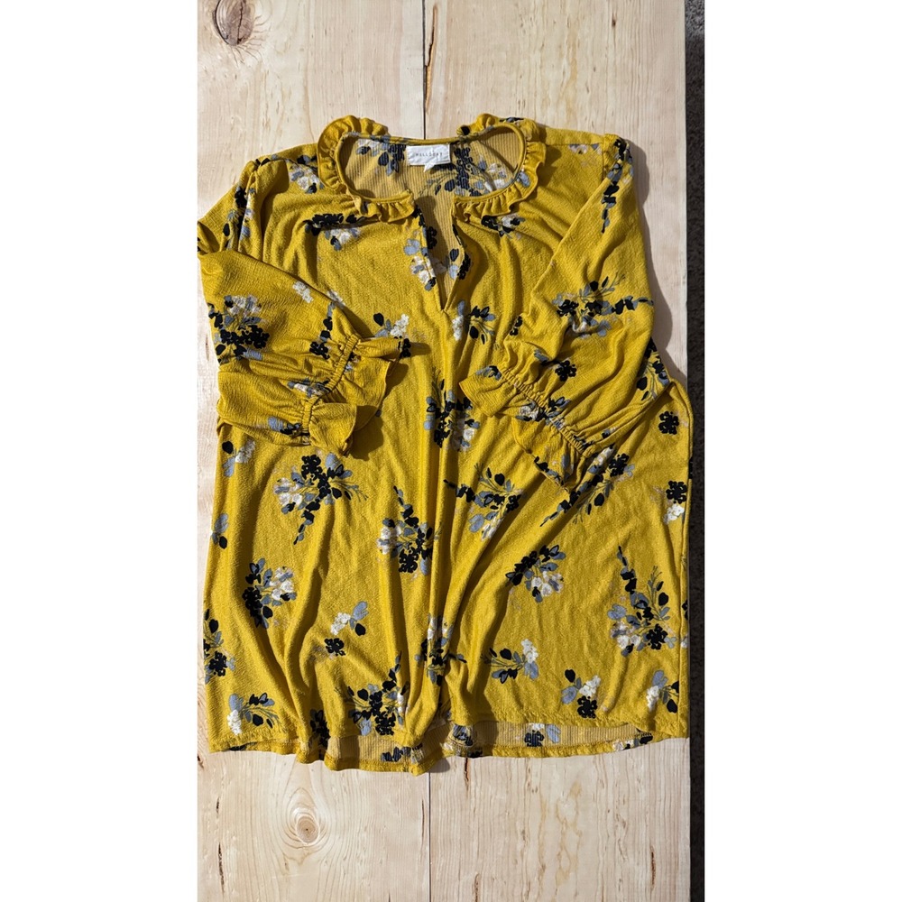 Melloday Mustard Yellow Floral Ruffle V-Neck Ribbed Top Womens Plus 1X‎